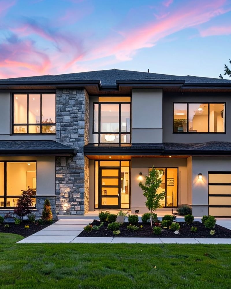 Elegant two-story home at dusk with large, clean windows glowing with warm light