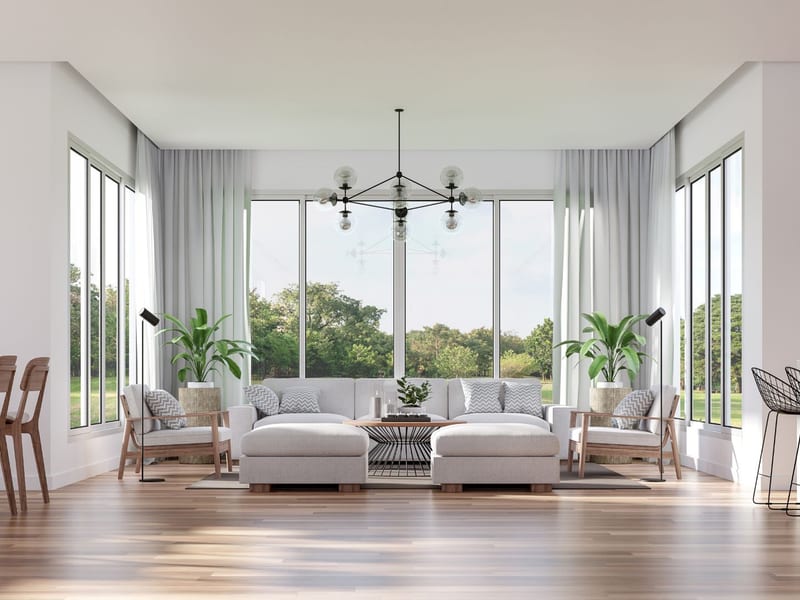 Bright living room with floor-to-ceiling windows cleaned inside and out